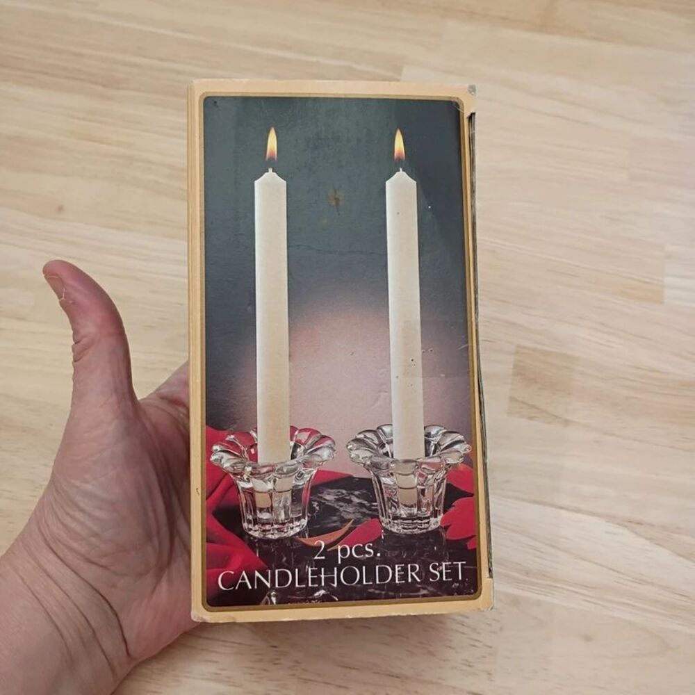 NEW Vintage Borgonovo Queen 2 Piece Glass Candleholders Set Made in Italy